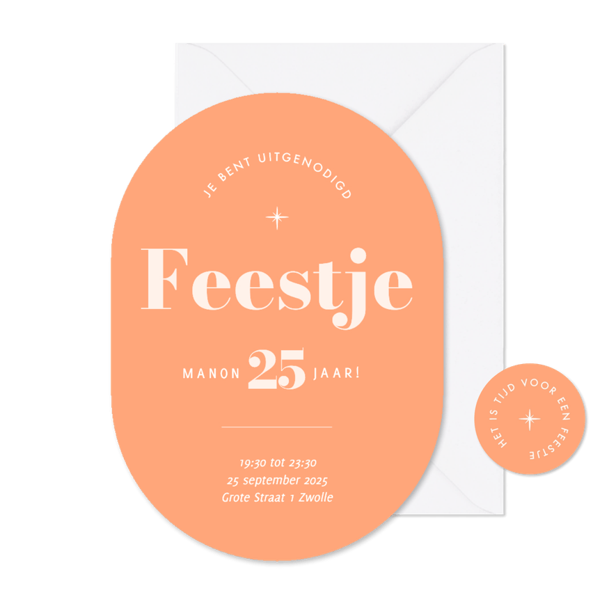 Originele uitnodigingen feestje modern oranje in ovaal - Kaartimpressie