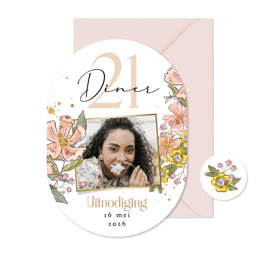 Originele uitnodigingskaart 21 diner kleurrijke bloemen foto - Kaartimpressie