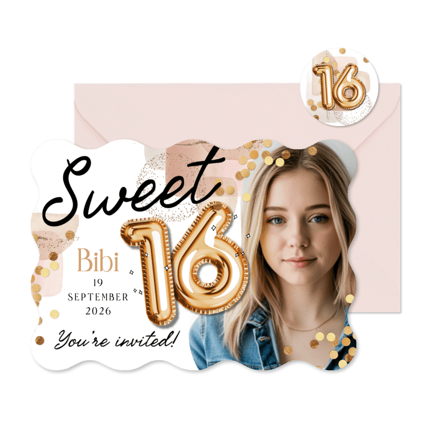 Originele uitnodigingskaart sweet16 foto cijferballon goud - Kaartimpressie