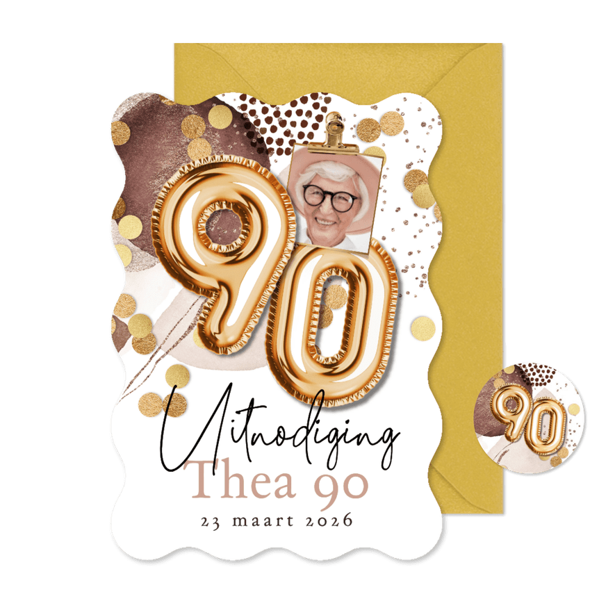 Originele uitnodigingskaart verjaardag 90 ballon confetti - Kaartimpressie