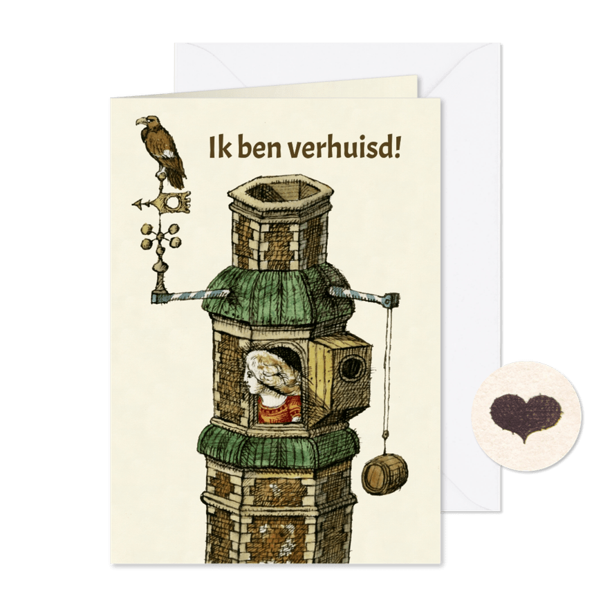 Originele verhuiskaart van een meisje in een toren - Kaartimpressie