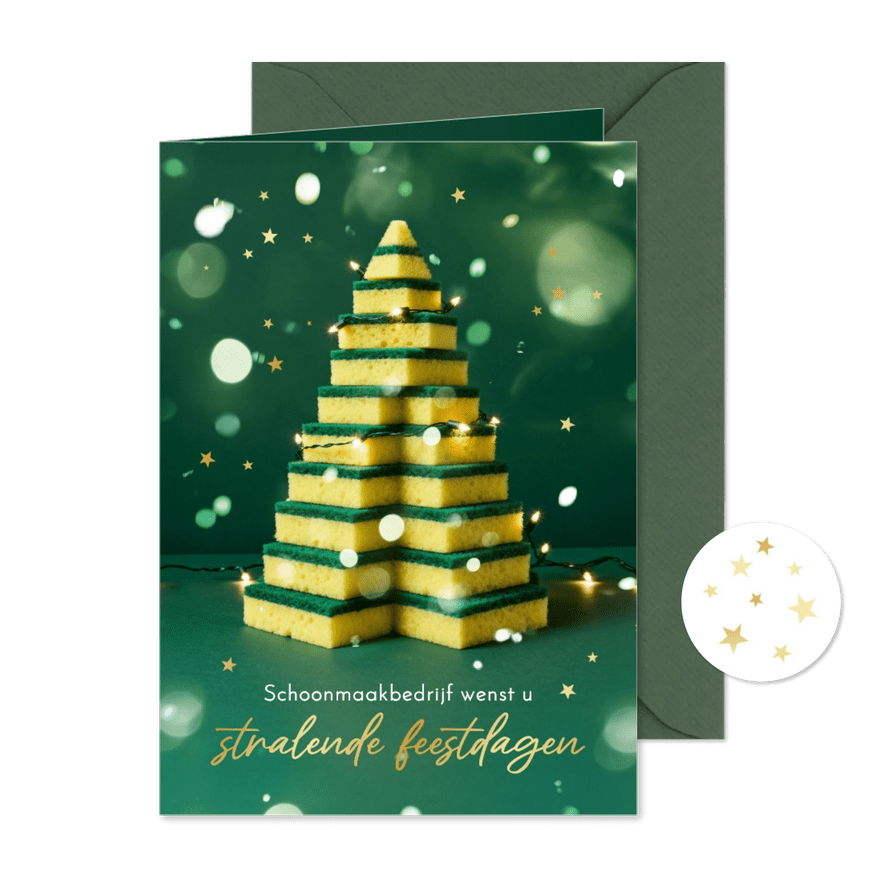 Originele zakelijke kerstkaart schoonmaak kerstboom sponsjes - Kaartimpressie