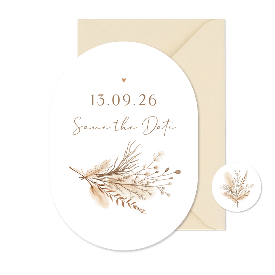 Ovaal bohemian klassiek gedroogde takjes save the date - Kaartimpressie
