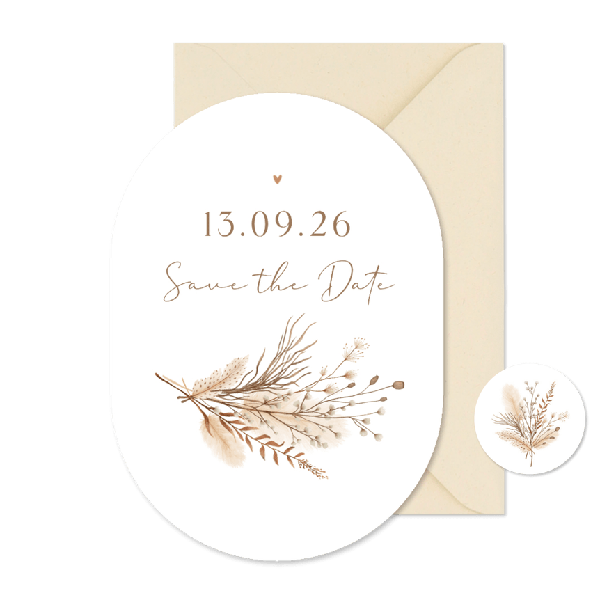 Ovaal bohemian klassiek gedroogde takjes save the date - Kaartimpressie