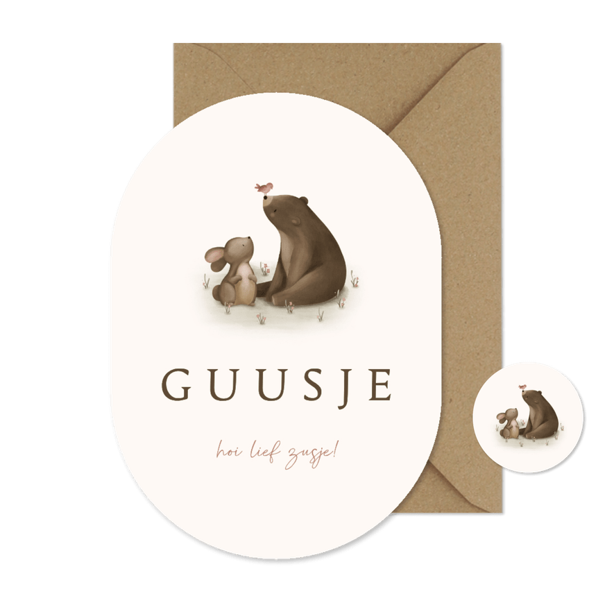 Ovaal geboortekaartje voor een zusje met lieve bosdiertjes - Kaartimpressie