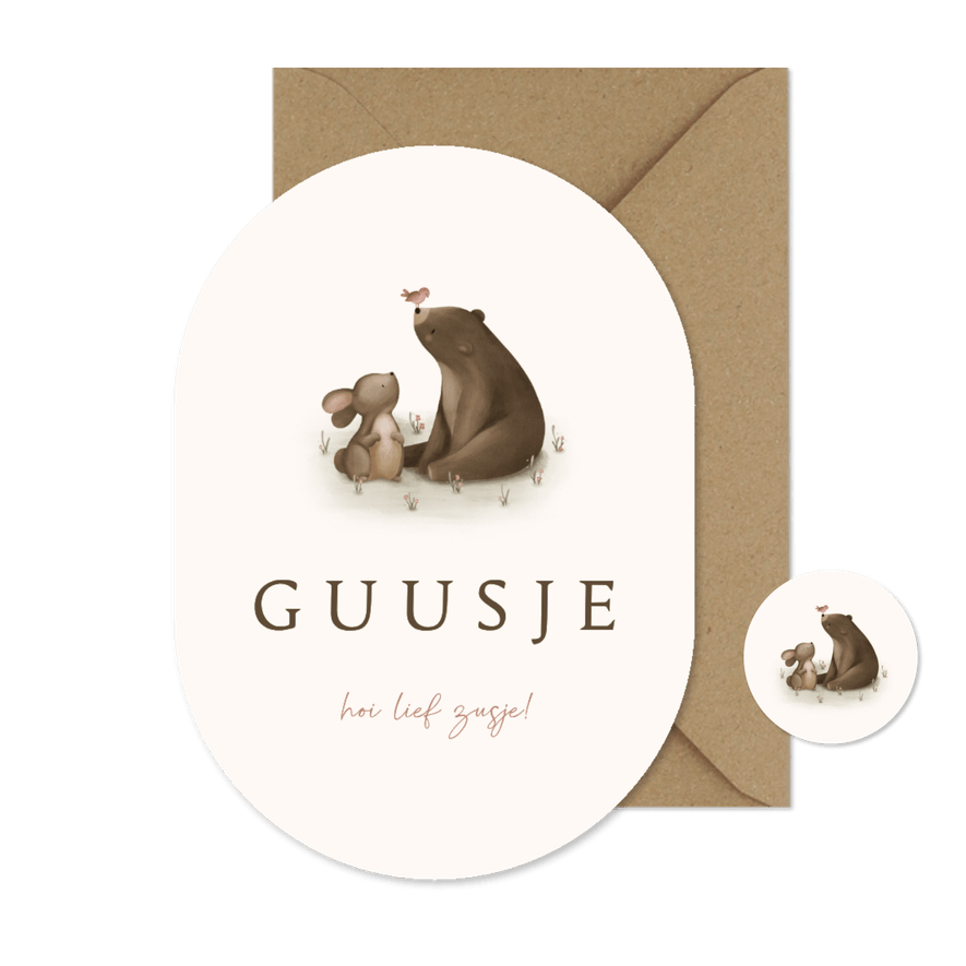 Ovaal geboortekaartje voor een zusje met lieve bosdiertjes - Kaartimpressie