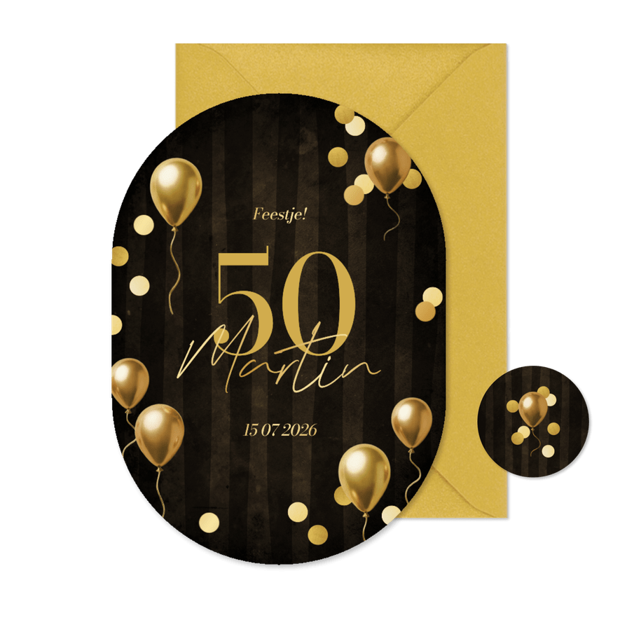 Ovale krijtbord uitnodiging met ballonnen en confetti - Kaartimpressie