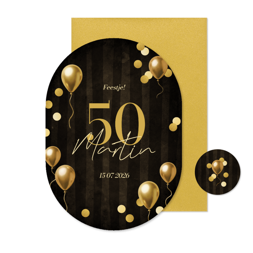 Ovale krijtbord uitnodiging met ballonnen en confetti - Kaartimpressie