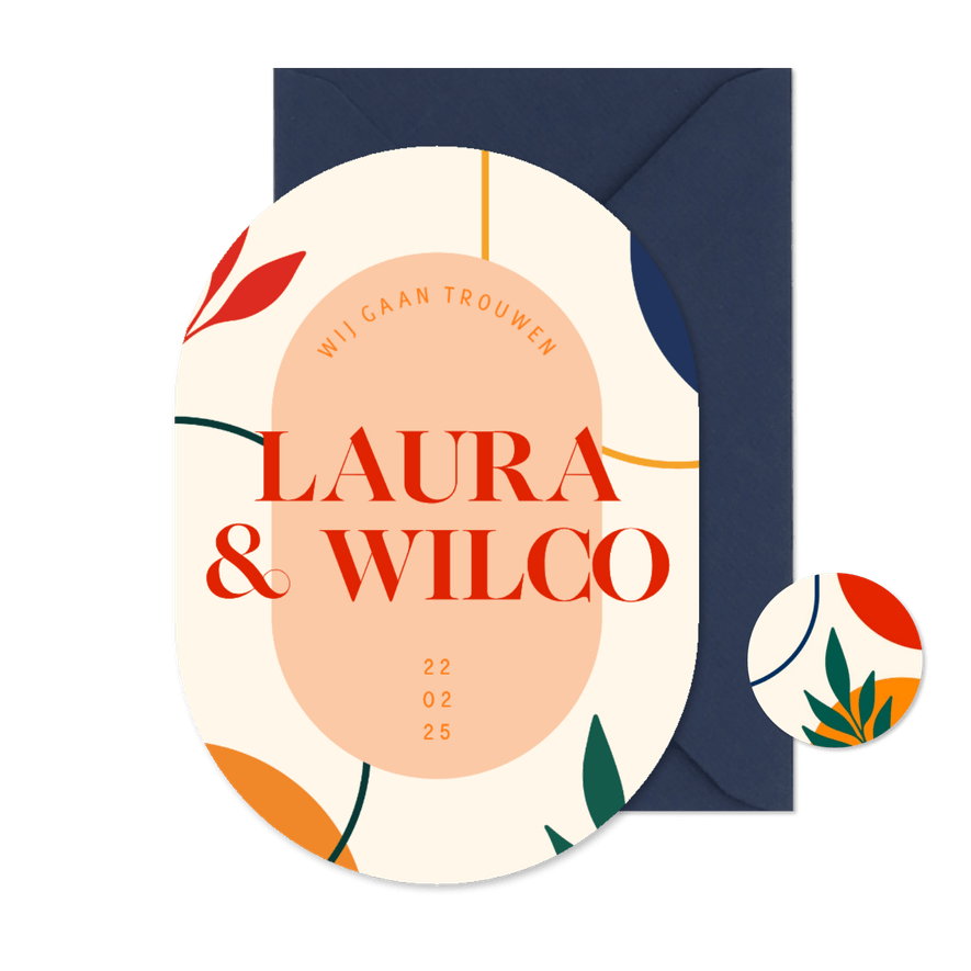 Ovale trouwkaart kunstig met abstracte vormen - Kaartimpressie
