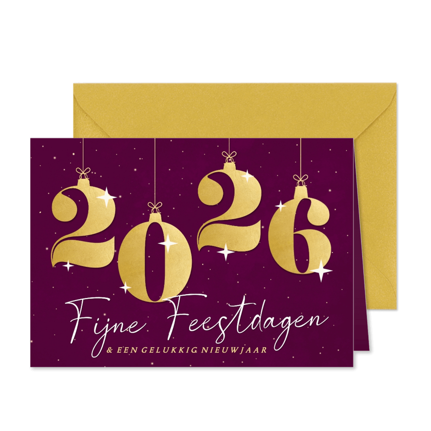 Paars kerstkaartje met sterren en gouden cijfers heelal - Kaartimpressie