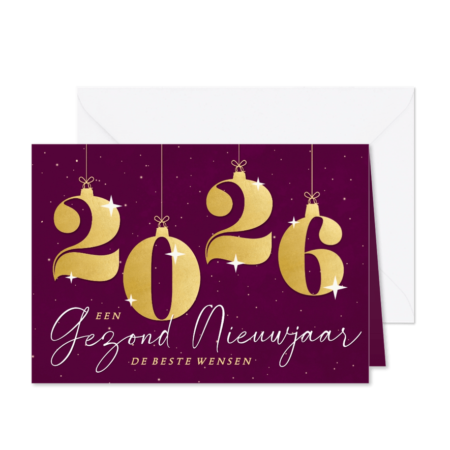 Paarse kaart met sterren en gouden cijfers gezond nieuwjaar - Kaartimpressie