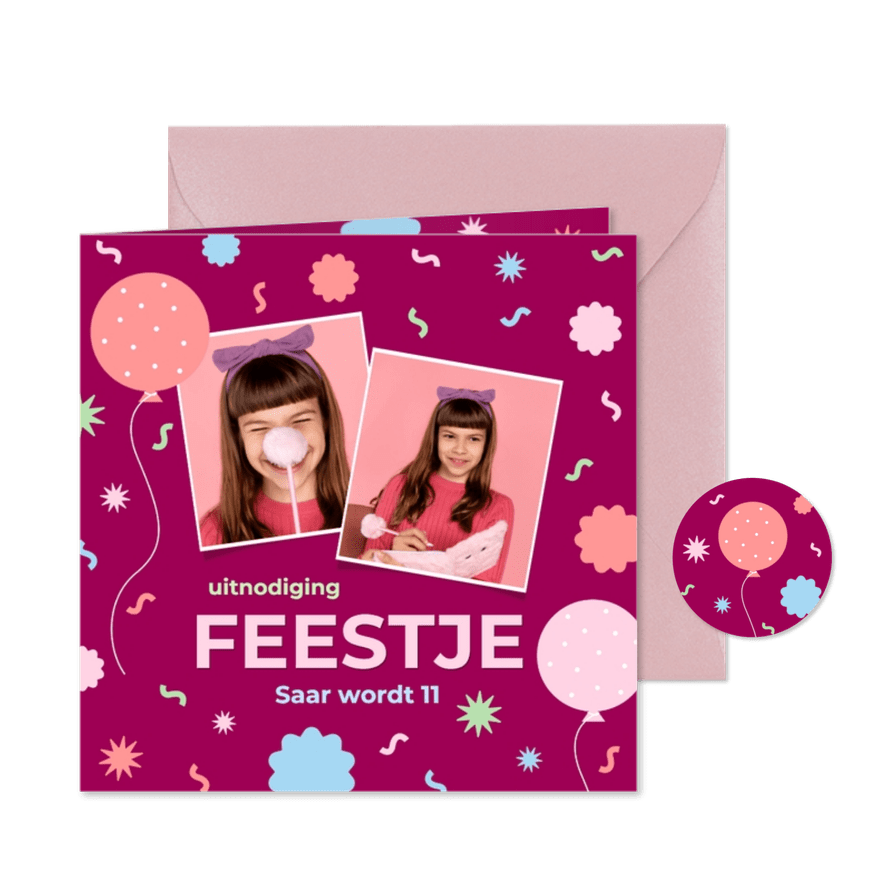 Paarse kinderfeestje uitnodiging fotokaart met confetti - Kaartimpressie