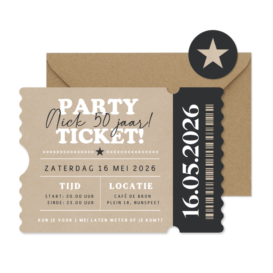 Party ticket uitnodiging kraftlook in echte ticket vorm - Kaartimpressie