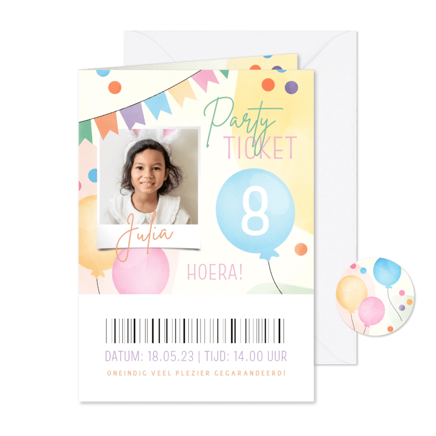Party Ticket vrolijk met ballonnen, slingers en confetti - Kaartimpressie