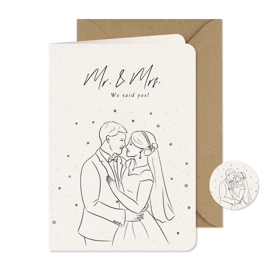 Pas getrouwd kaartje met lijntekening mr. mrs. - Kaartimpressie