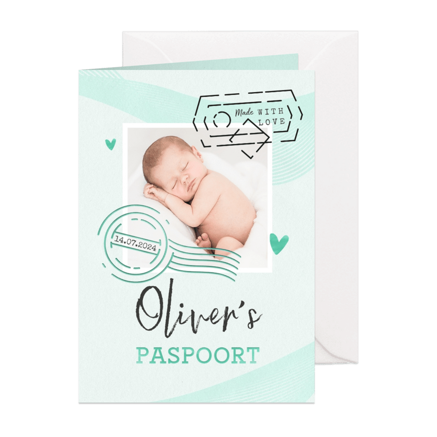 Paspoort geboortekaartje unisex mintgroen made with love - Kaartimpressie