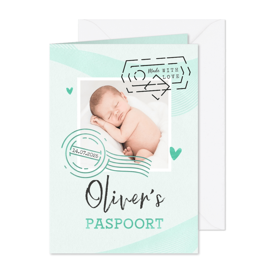 Paspoort geboortekaartje unisex mintgroen made with love - Kaartimpressie