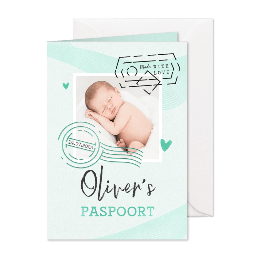 Paspoort geboortekaartje unisex mintgroen made with love - Kaartimpressie