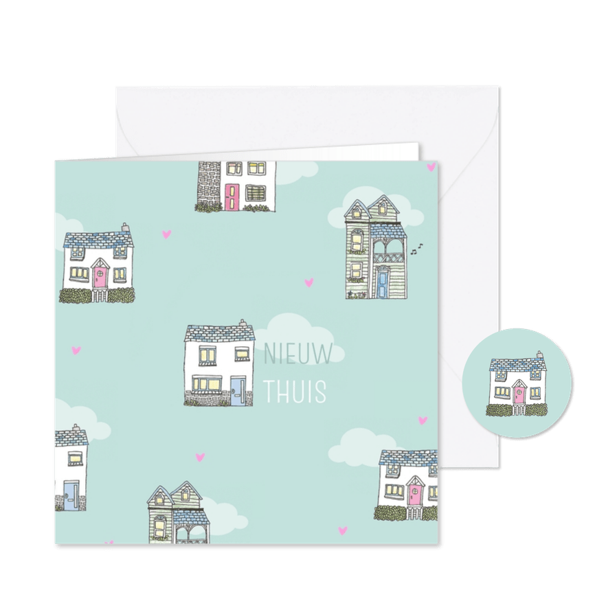 Pastel schattige verhuiskaart met huisjes patroon - Kaartimpressie