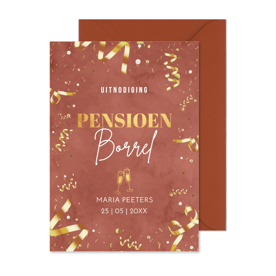 Pensioen uitnodiging borrel vrouw roze goudlook confetti - Kaartimpressie