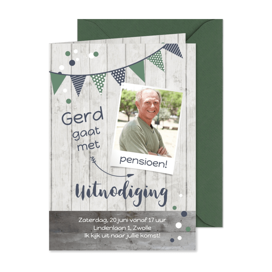 Pensioenfeest uitnodiging slingers & eigen foto - Kaartimpressie