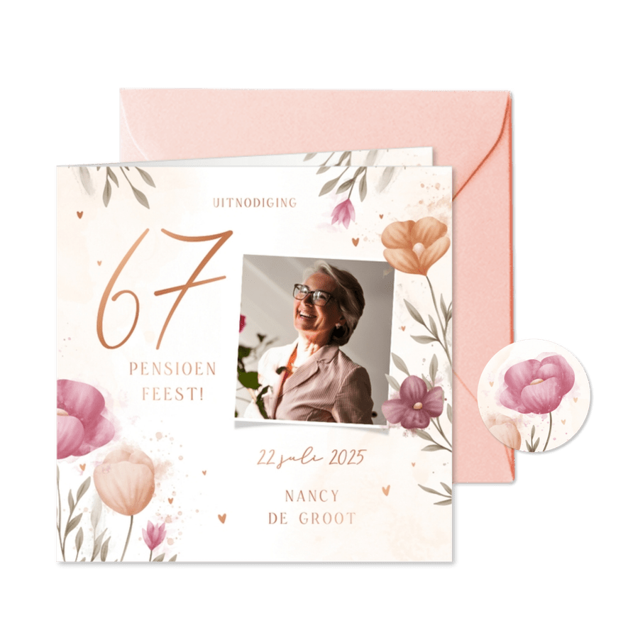 Pensioenfeest waterverf bloemen met foto en koperen hartjes - Kaartimpressie