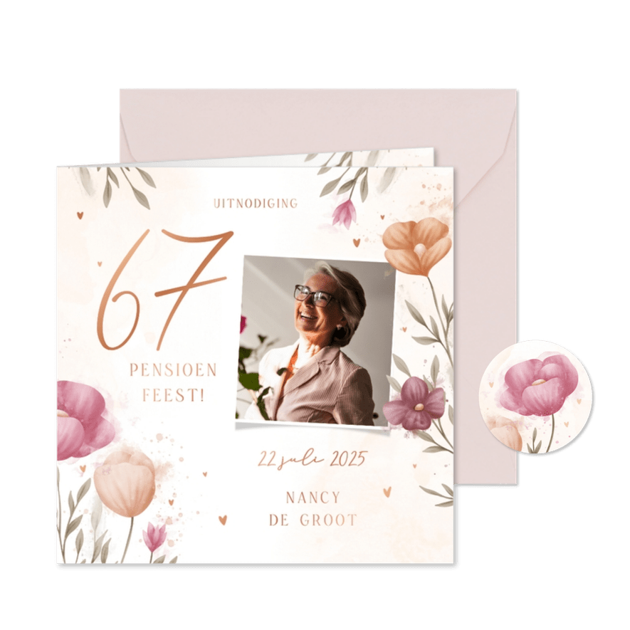 Pensioenfeest waterverf bloemen met foto en koperen hartjes - Kaartimpressie