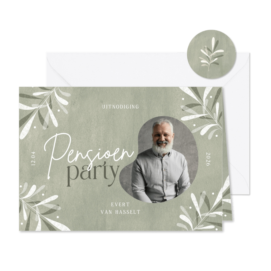 Pensioensfeest uitnodiging bladeren groen en foto - Kaartimpressie