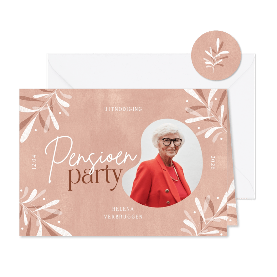 Pensioensfeest uitnodiging bladeren rood en foto - Kaartimpressie