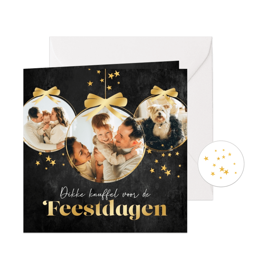 Persoonlijke kerstkaart kerstballen foto goud strik sterren - Kaartimpressie