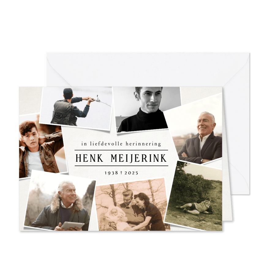 Persoonlijke moderne rouwkaart fotocollage met 7 foto's - Kaartimpressie