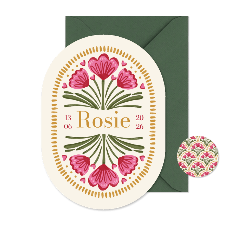 Pilvorm geboortekaartje bohemian bloemen trend zomer - Kaartimpressie