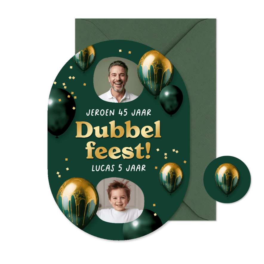 Pilvorm uitnodiging dubbel feest verjaardag ballonnen groen - Kaartimpressie