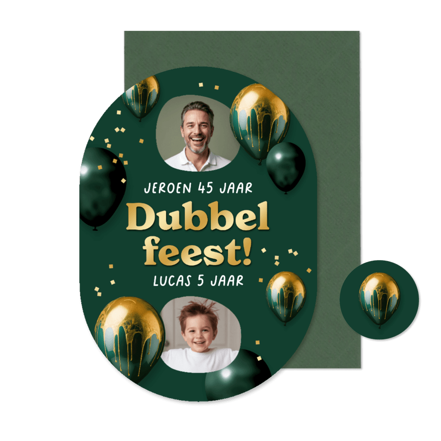 Pilvorm uitnodiging dubbel feest verjaardag ballonnen groen - Kaartimpressie