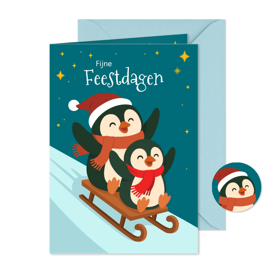 Pinguins op slee kerstkaart - Kaartimpressie