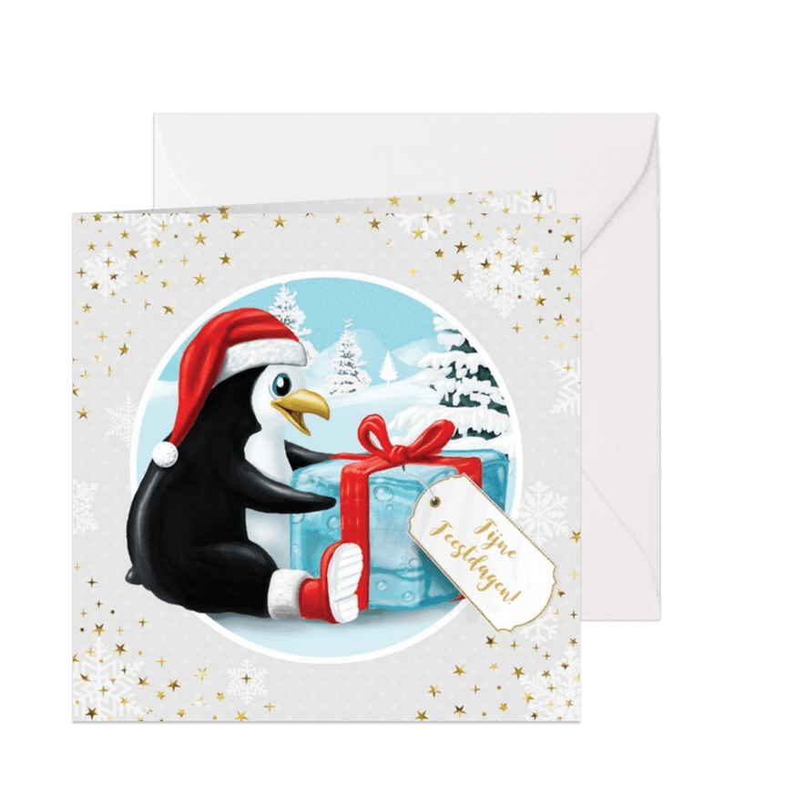 Pinguïn met kerstmuts en ijsblokje - Kaartimpressie