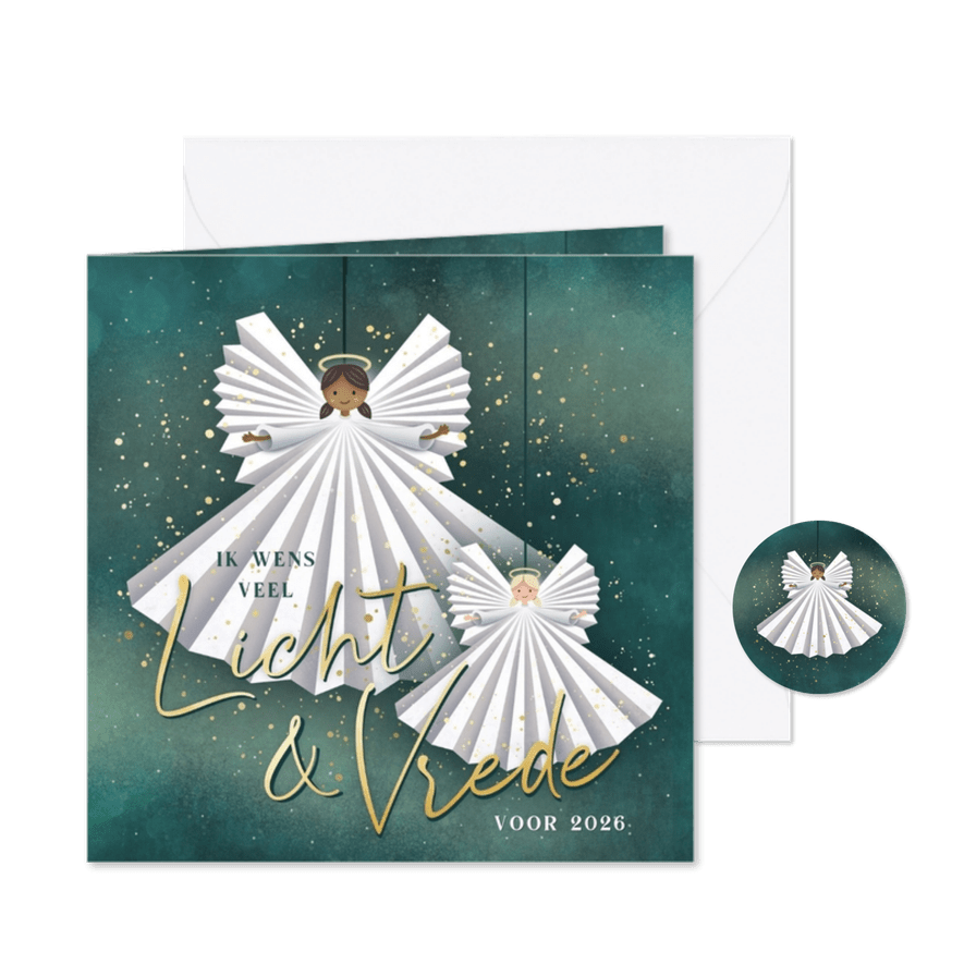 Positieve nieuwjaarskaart Licht & Vrede met lieve engeltjes - Kaartimpressie