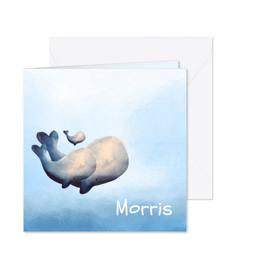 Prachtig geboortekaartje met waterverf en walvis gezin - Kaartimpressie