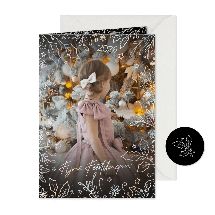 Prachtige foto kerstkaart met holografisch botanisch kader - Kaartimpressie