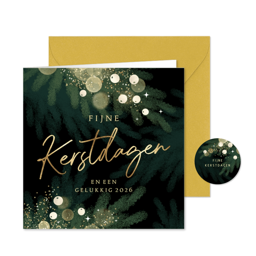 Prachtige kerstkaart met gouden letters en luxe lichtjes - Kaartimpressie