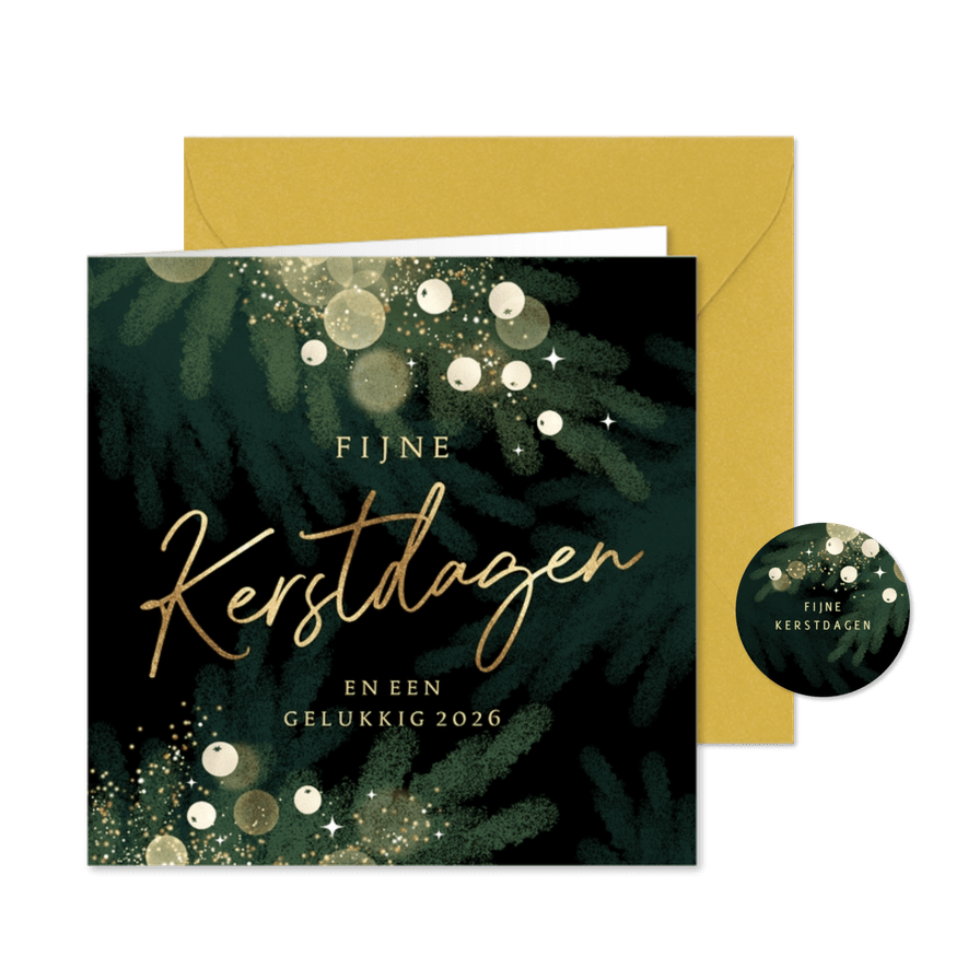 Prachtige kerstkaart met gouden letters en luxe lichtjes - Kaartimpressie