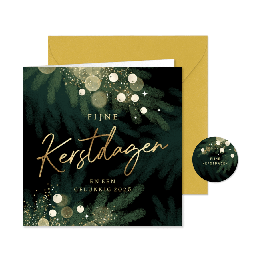 Prachtige kerstkaart met gouden letters en luxe lichtjes - Kaartimpressie