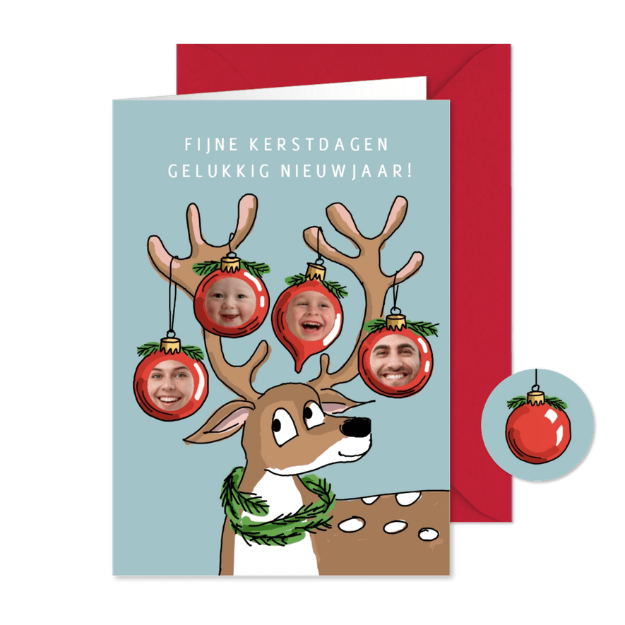 Rendier met 4 kerstballen en 4 foto's - Kaartimpressie