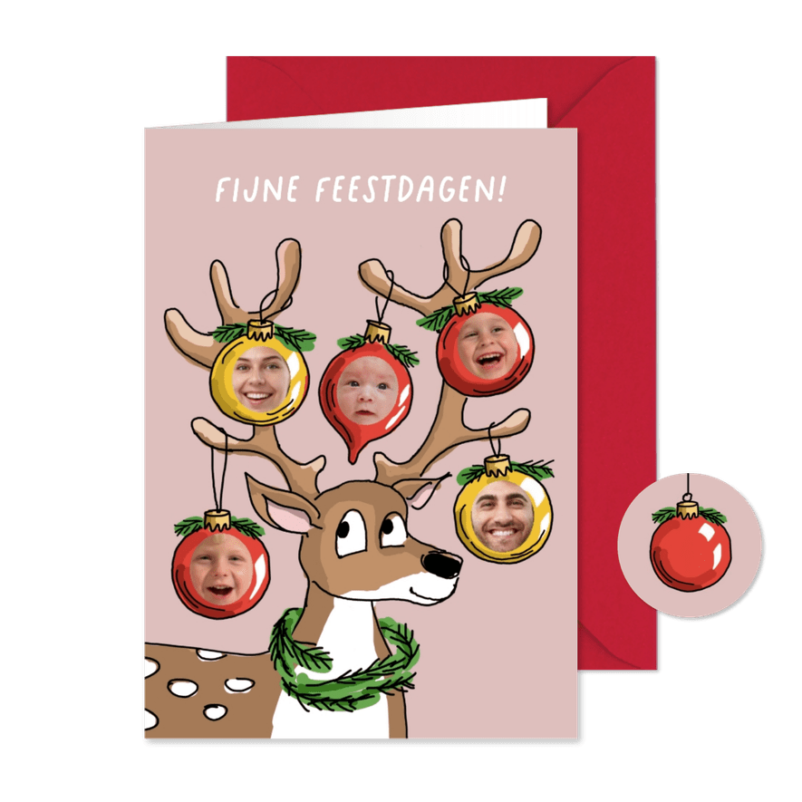 Rendier met 5 kerstballen en 5 foto's - Kaartimpressie
