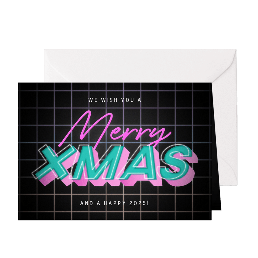 Retro kerstkaart Merry Christmas vrolijke neon typografie - Kaartimpressie