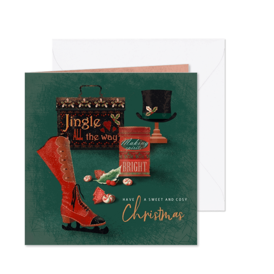 Retro-stijl kerstkaart met koekjestrommels - Kaartimpressie