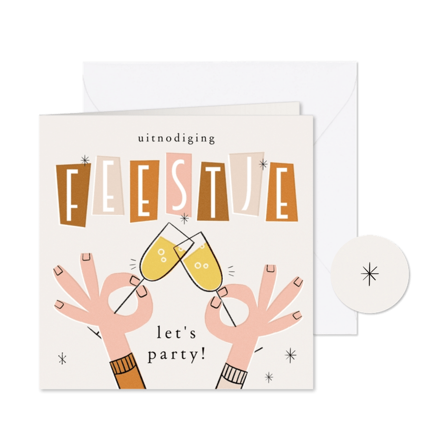 Retro uitnodiging feestje twee handen die proosten - Kaartimpressie