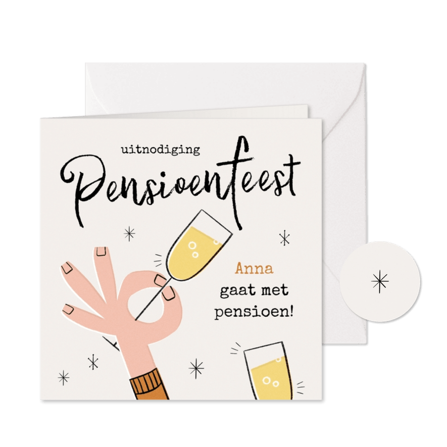 Retro uitnodiging pensioenfeest met proostende handjes licht - Kaartimpressie