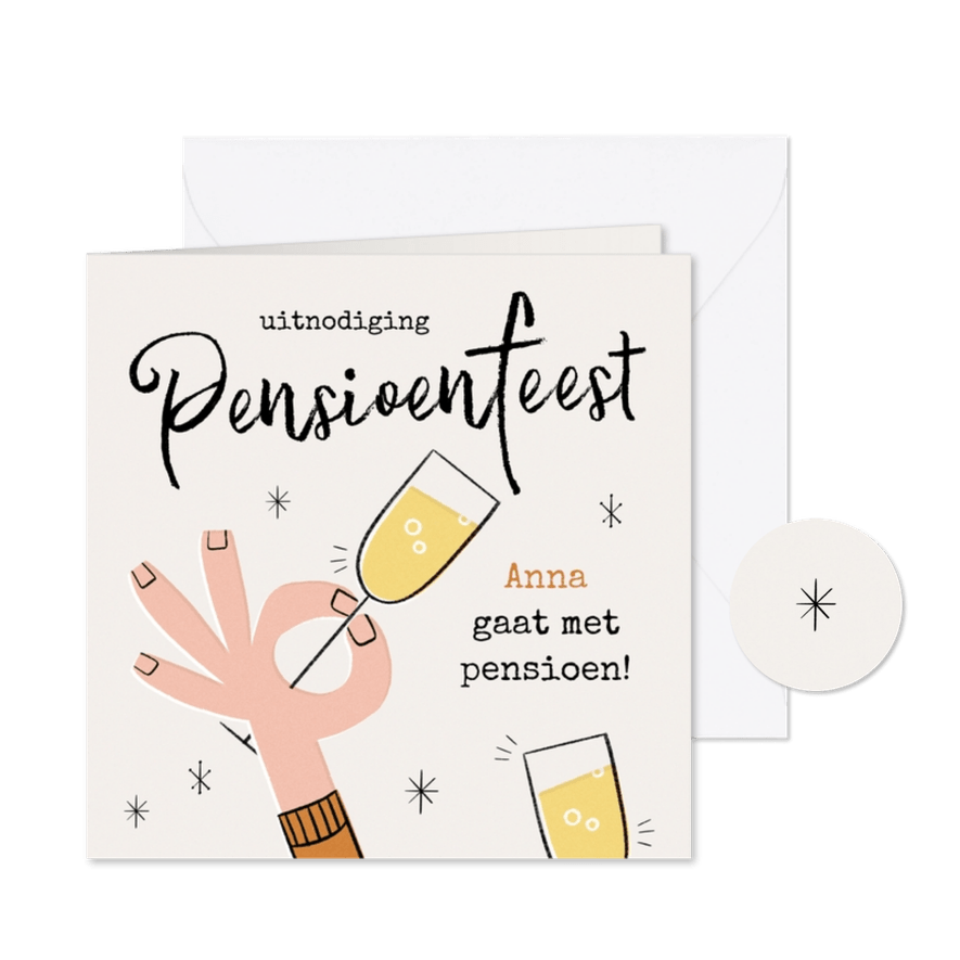 Retro uitnodiging pensioenfeest met proostende handjes licht - Kaartimpressie