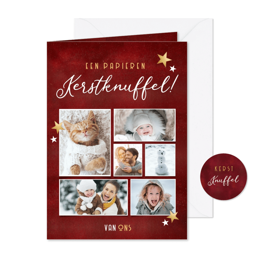 Rode fotocollage kerstkaart - papieren kerstknuffel van ons  - Kaartimpressie